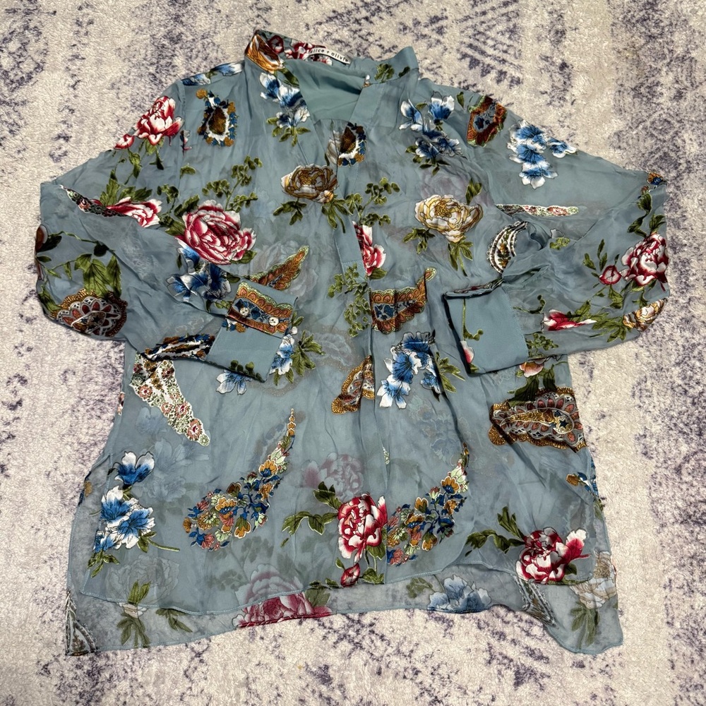 Alice + Olivia Amos Floral Tunic Top Silk Blend Sheer Large